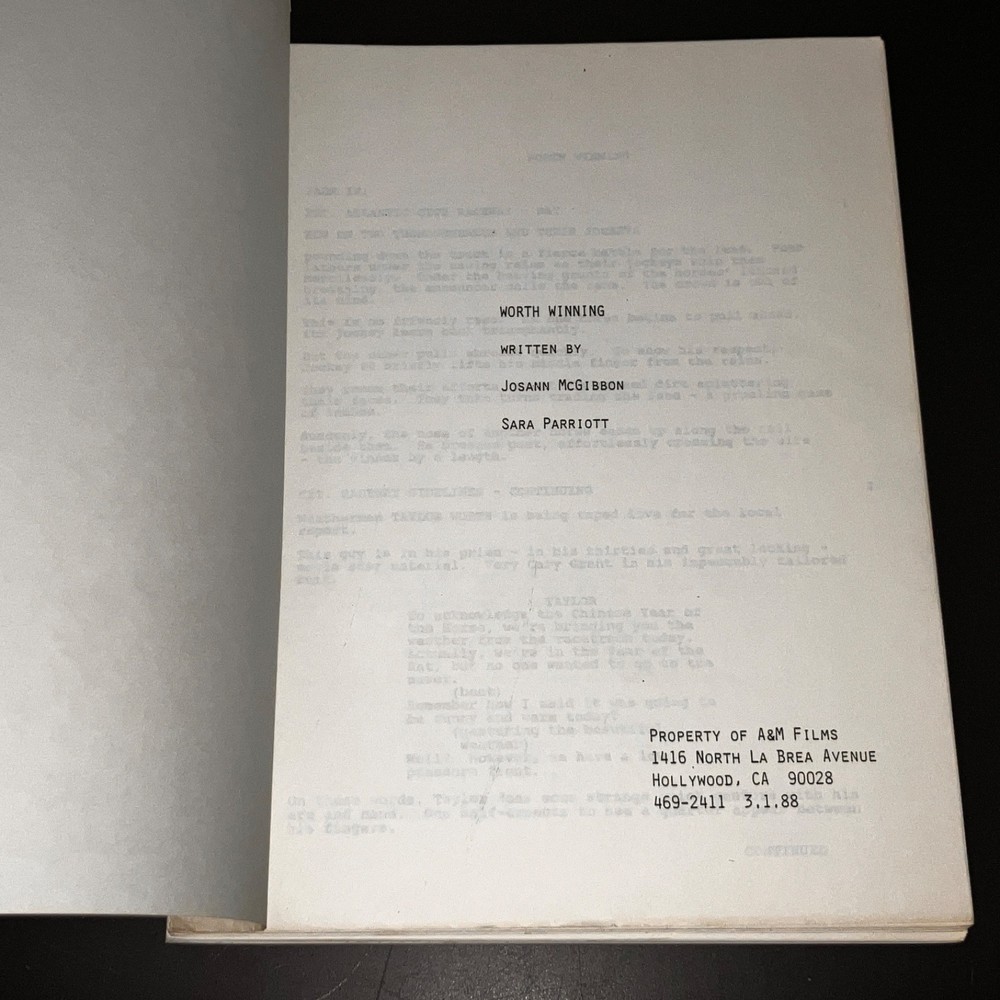 WORTH WINNING (3/1/88) Mark Harmon / Production Script w/Notes / Fox Covers +COA