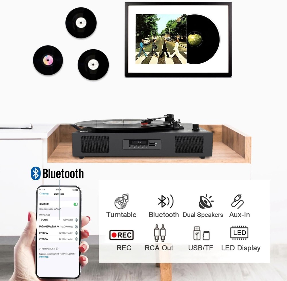 Bluetooth Record Player - 3 Speed Turntable with Built-In Speaker USB Recording