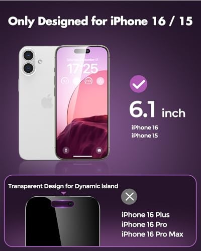 Privacy Screen Protector for iPhone 16, Full Coverage iPhone 15/iPhone 16