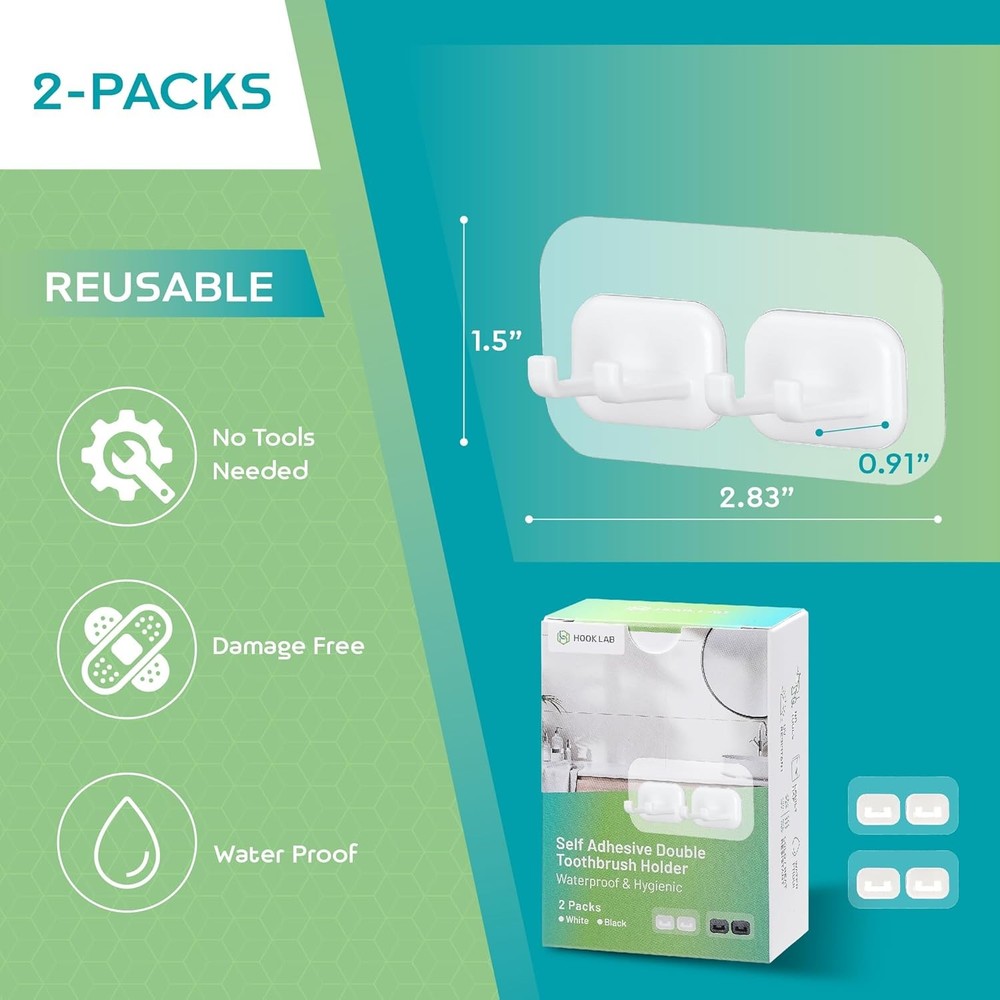 Hook LAB Self-Adhesive Double Toothbrush Holder, 2-Pack, Removable & Reusable Wa