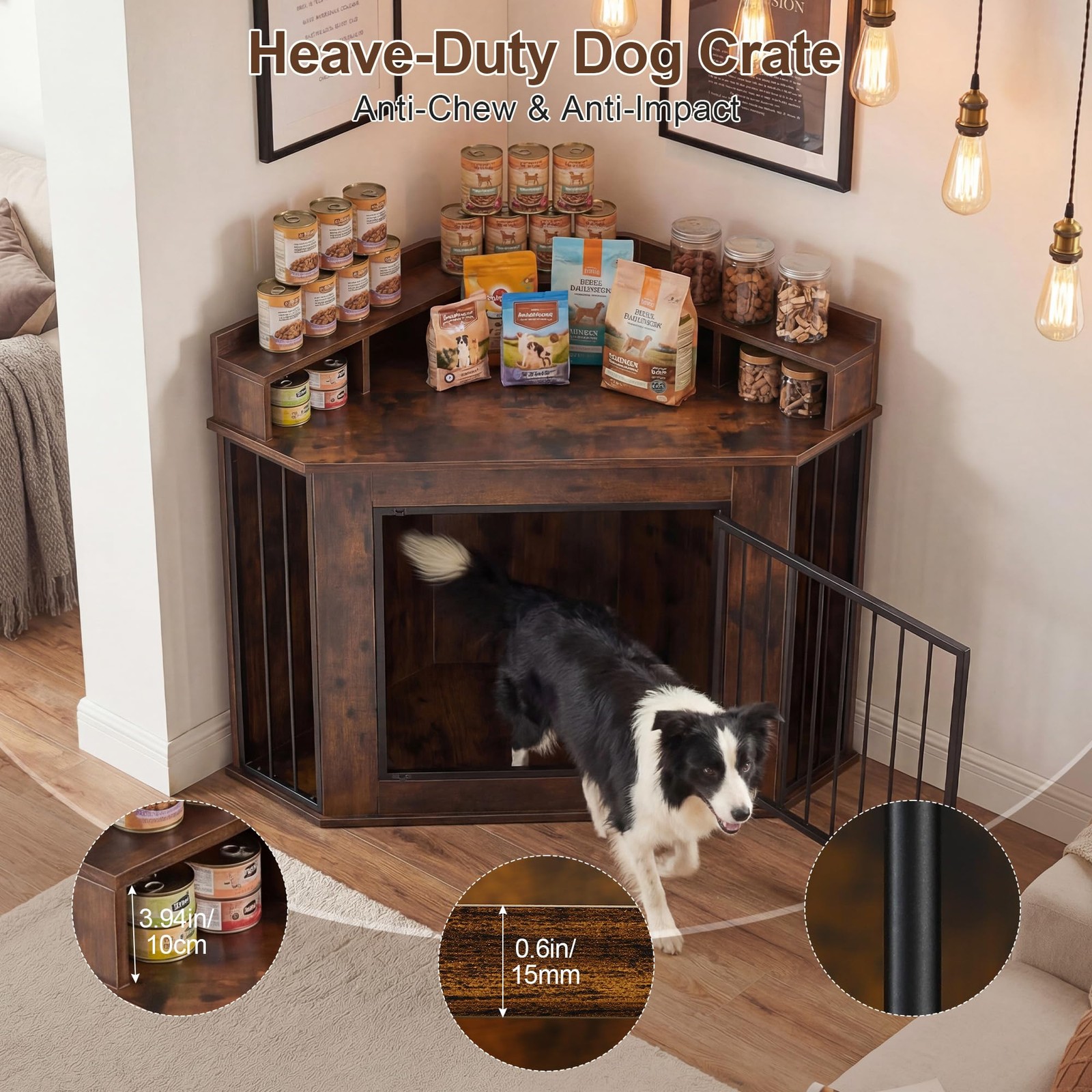 Corner Dog Crate Furniture Wooden 2-Tier Storage Shelves Anti-Chew TV Stand