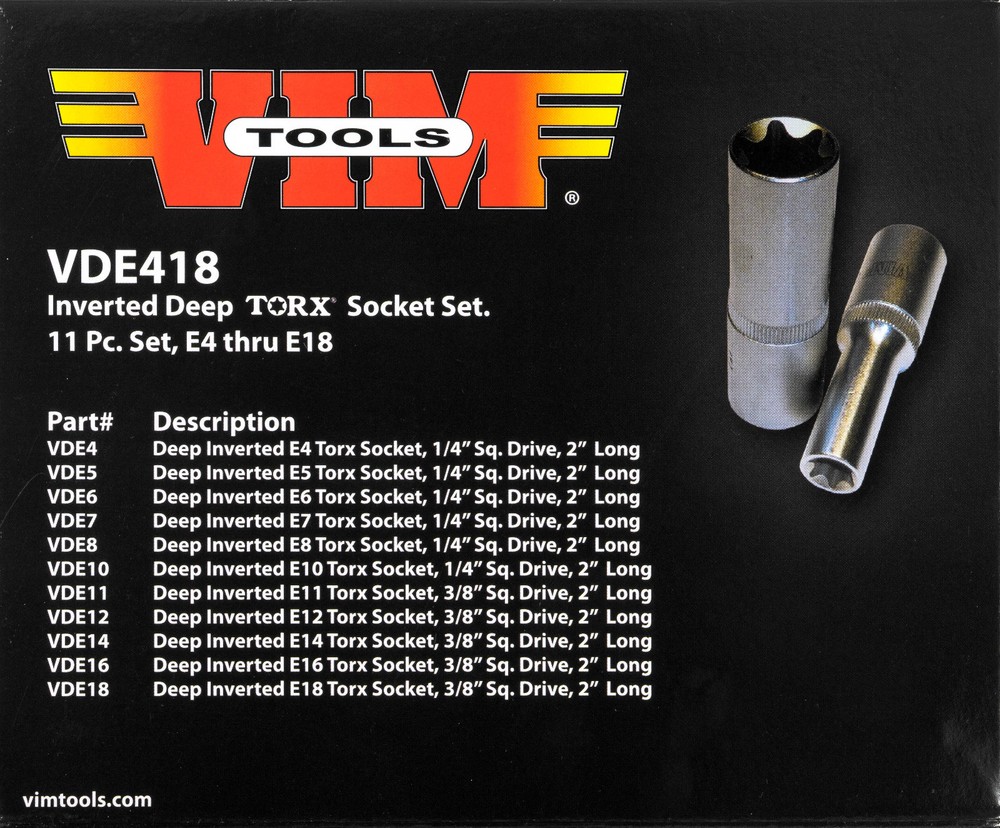 11 Piece Set VIM Inverted / External Deep Torx Sockets - VDE418 e-socket Set