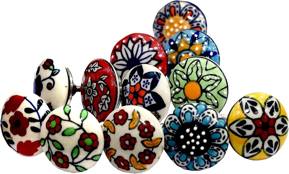 Set 20 Pc Assorted Ceramic Handmade Indian Door Knobs Cabinet Cupboard
