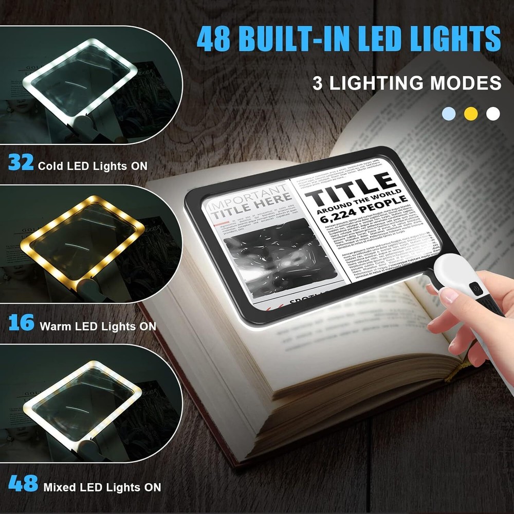 5X Magnifying Glass for Reading, Full-Page Large Rectangle Lighted Magnifier