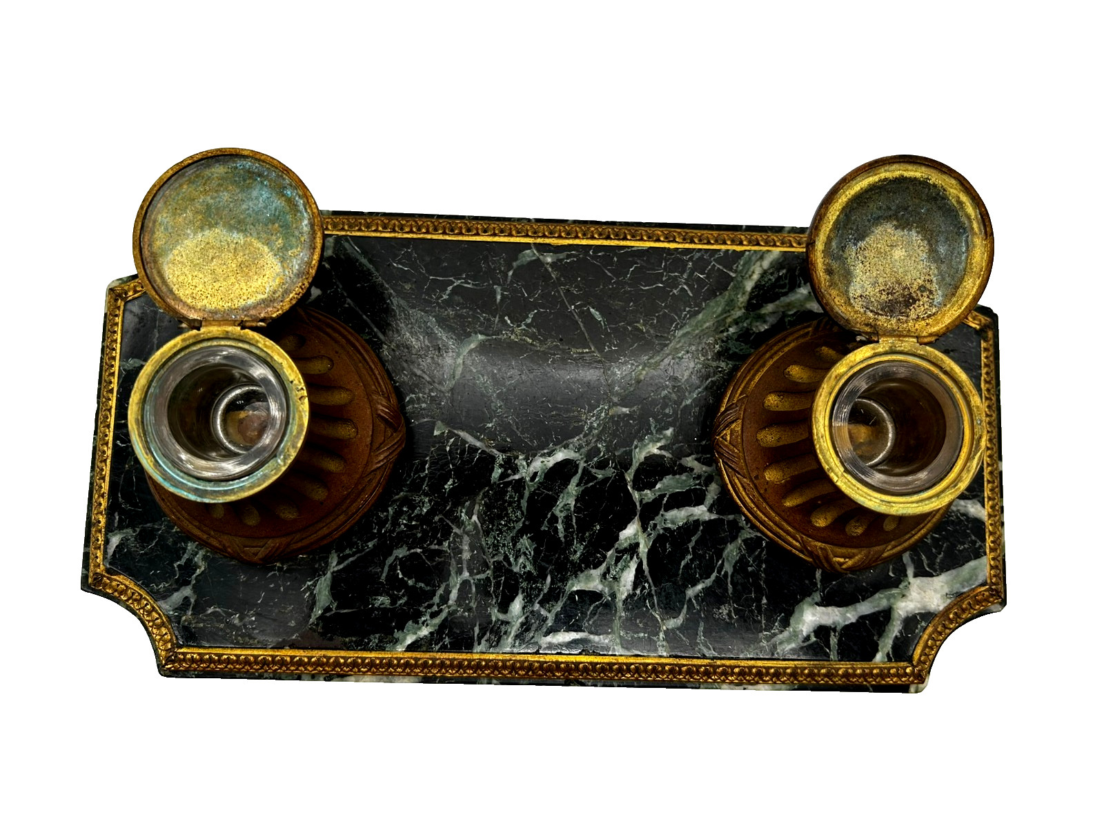 Antique Green Empire Marble and Bronze Inkwell