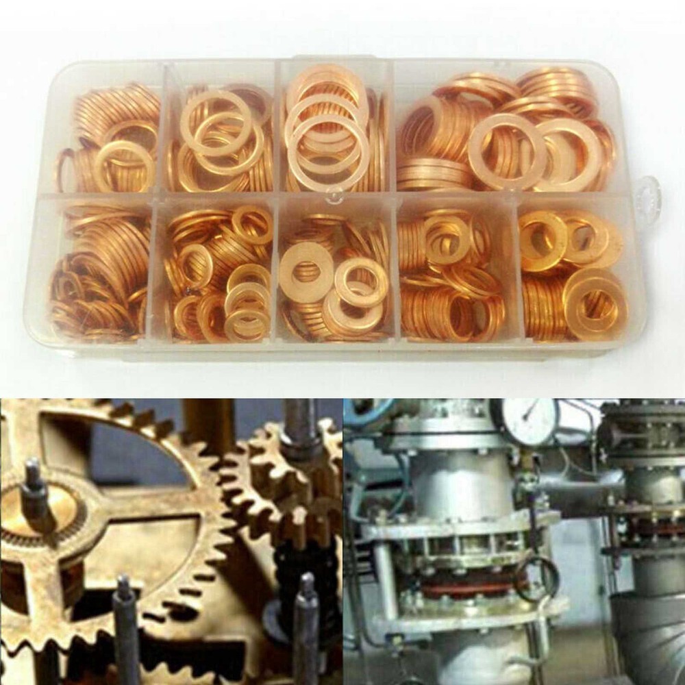 400Pcs Kit 9 Sizes Assorted Solid Copper Crush Washers Seal Flat Ring & Case