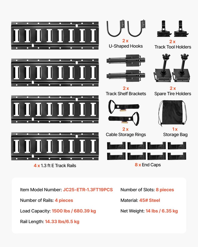 VEVOR E-Track Tie-Down Rail Kit, 4 Pack 1.3 ft E Track Rails, 19 PACK, Black