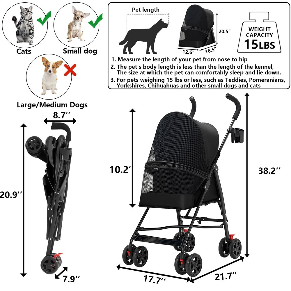 Pet Stroller with Mesh Ventilation, Lightweight Foldable Design, Cup Holder, ...