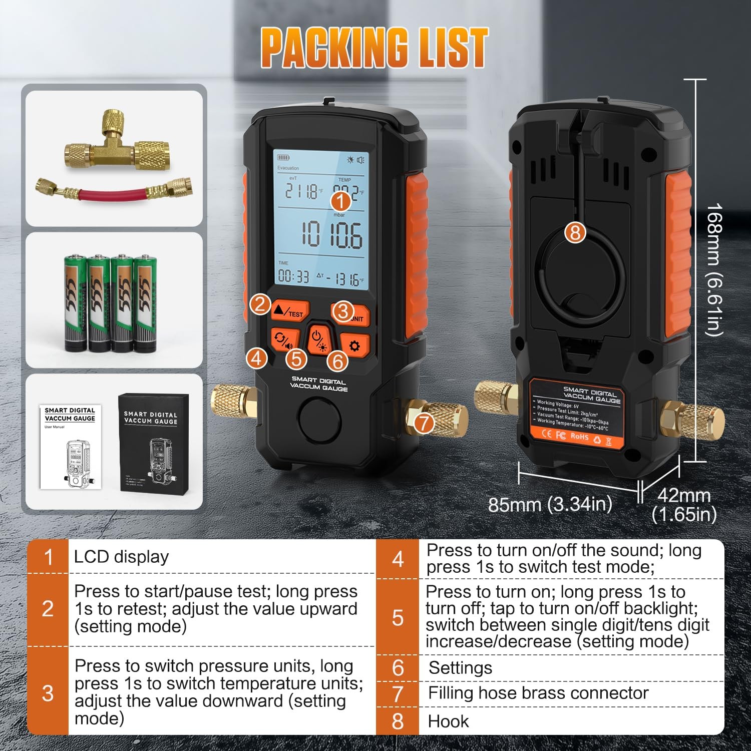 Digital Vacuum Gauge HVAC Vacuum Meter Pressure Leak Tester 0-2000 mbar Range