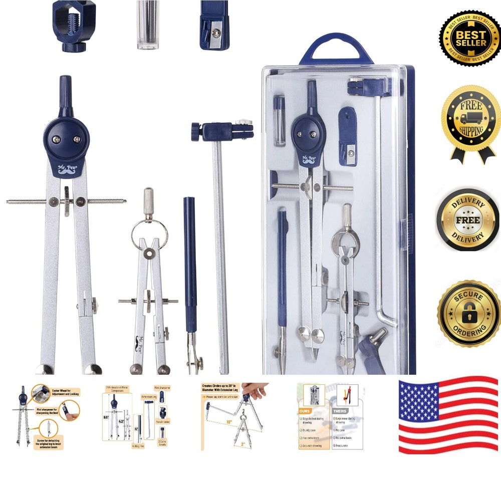 Professional Geometry Compass Set - 7-Piece Precision Tool Kit in Shatterproo...