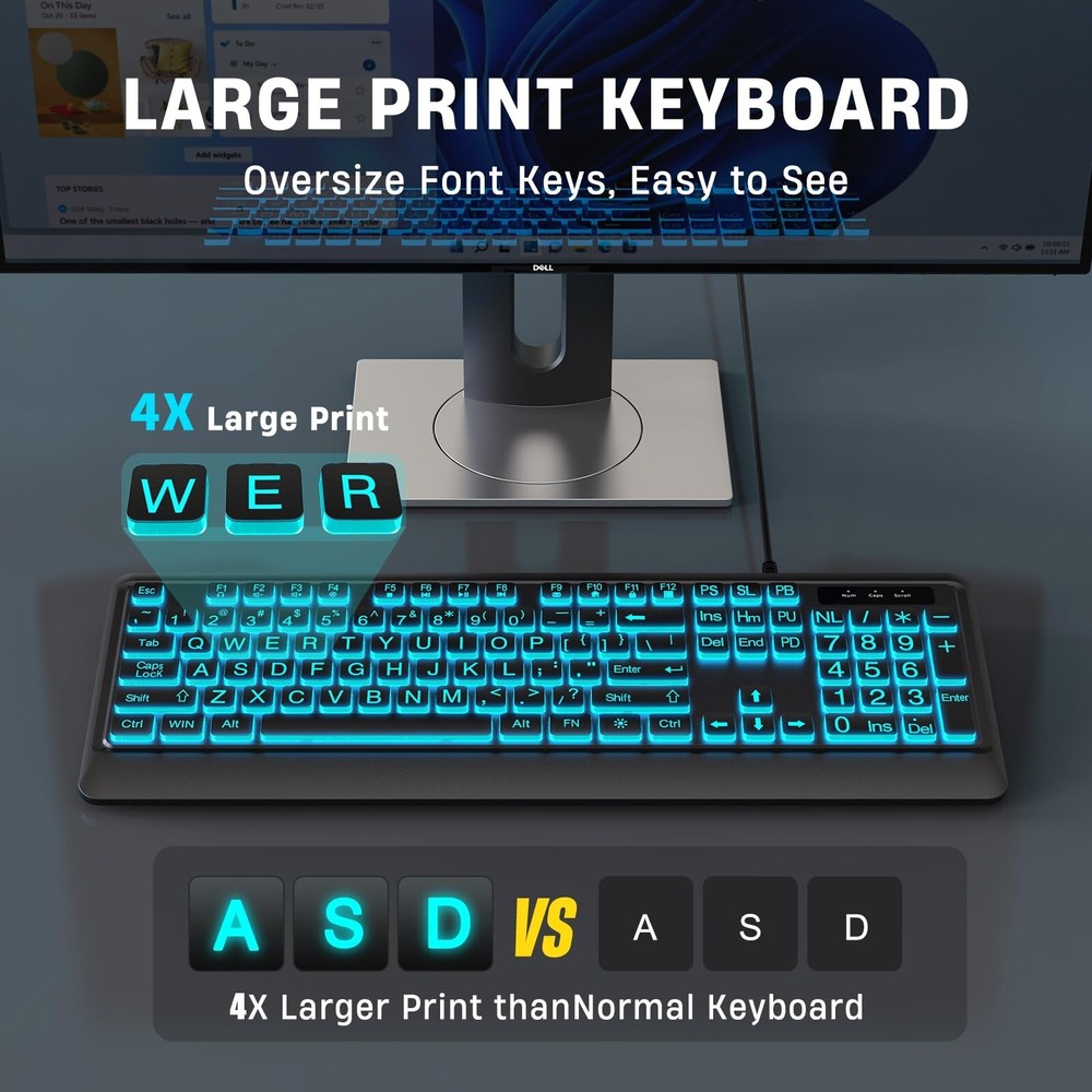 Large Print Keyboard - 7 Interchangeable Backlight Colors, Light Up USB Wired...