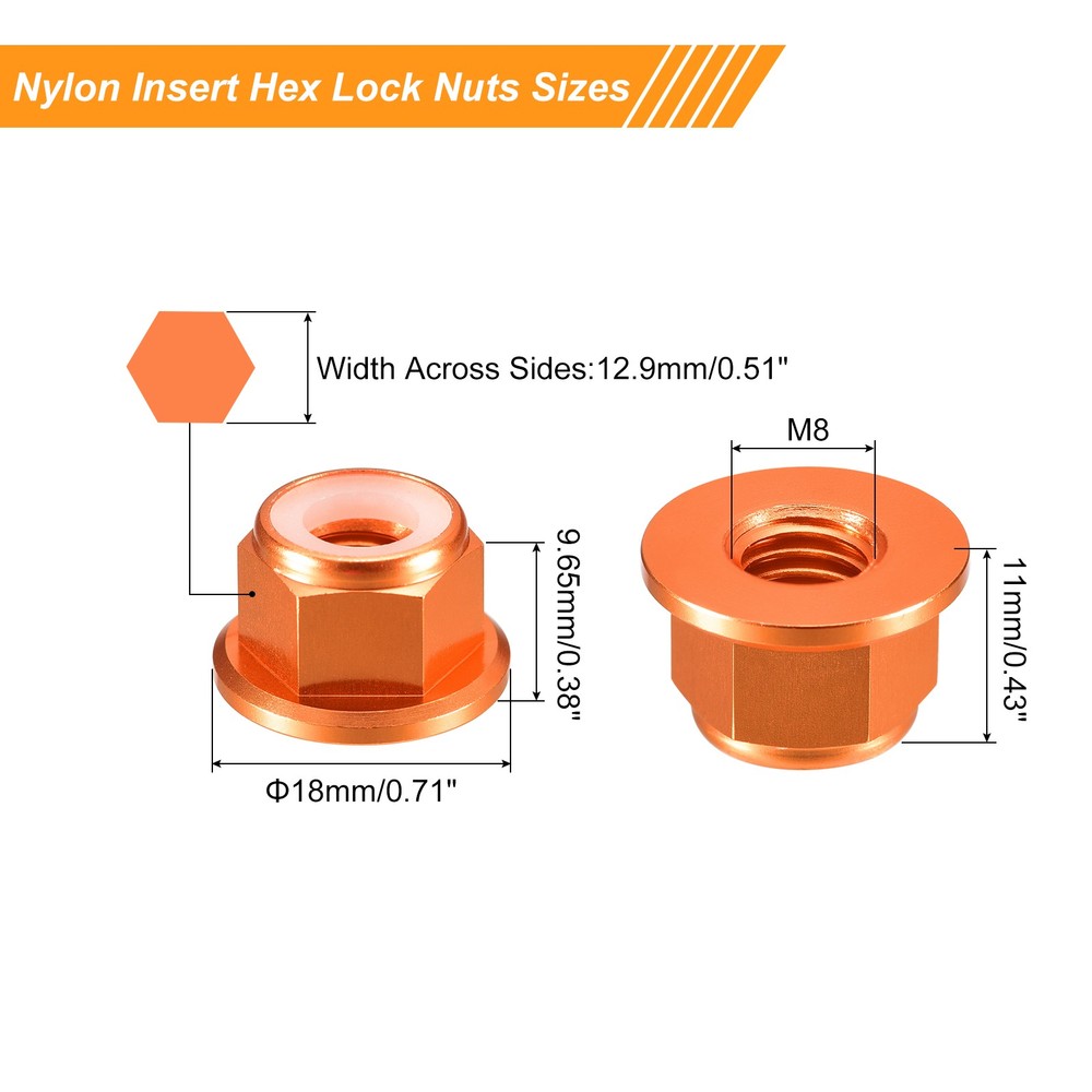 Nylon Insert Hex Lock Nuts, 8pcs - M8x1.25mm Self-Locking Nut(Orange)