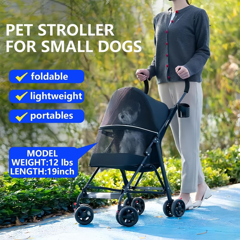 Pet Stroller with Mesh Ventilation, Lightweight Foldable Design, Cup Holder, ...