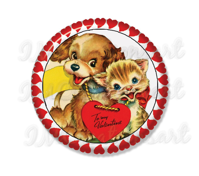 Retro Too Cute Puppy and Kitten Valentine Handmade Mirror, Magnet, or Pin 2.25"