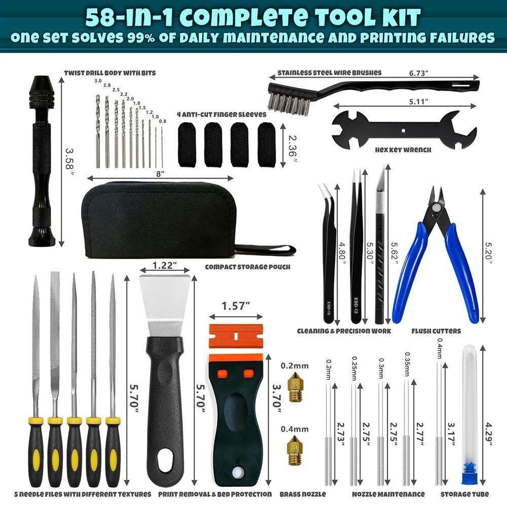 3D Printer Tool Kit Accessories - 58 Pcs Solve 99% Print Failures Clean Maint...