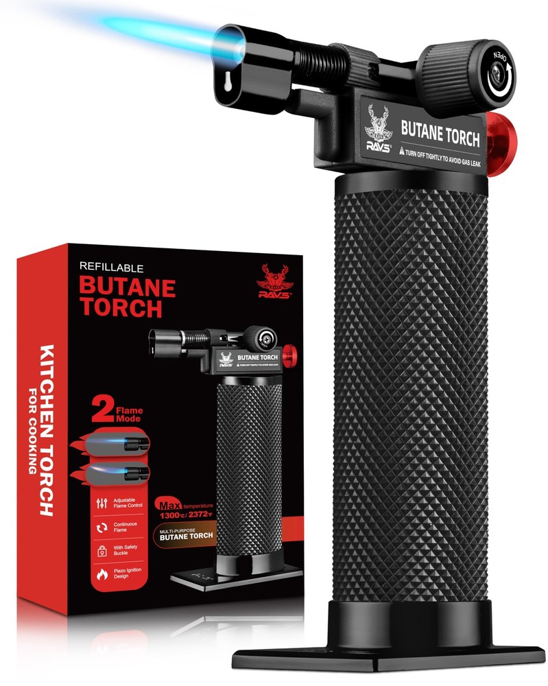 RAVS Butane Torch Lighter, DUAL Flame Mode Kitchen with Black/Red