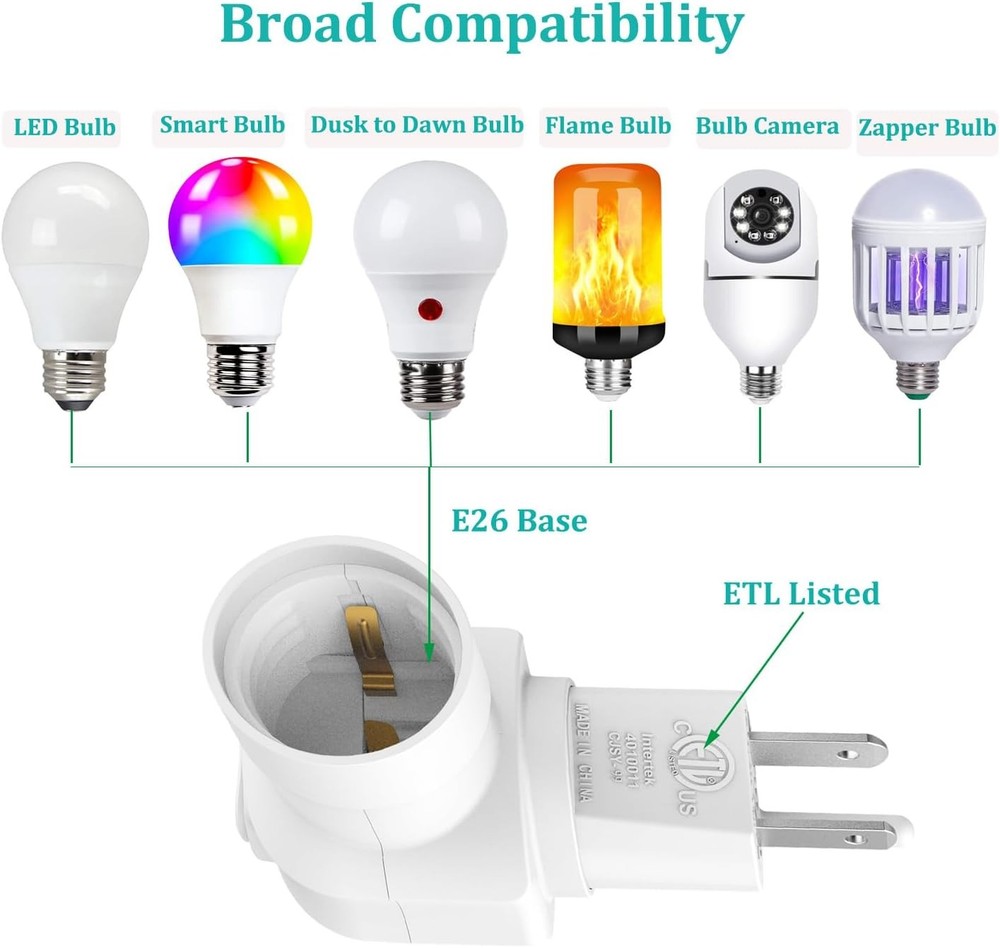 2-Pack Plug in Light Socket Adapter, 360° Rotatable with On/Off Switch
