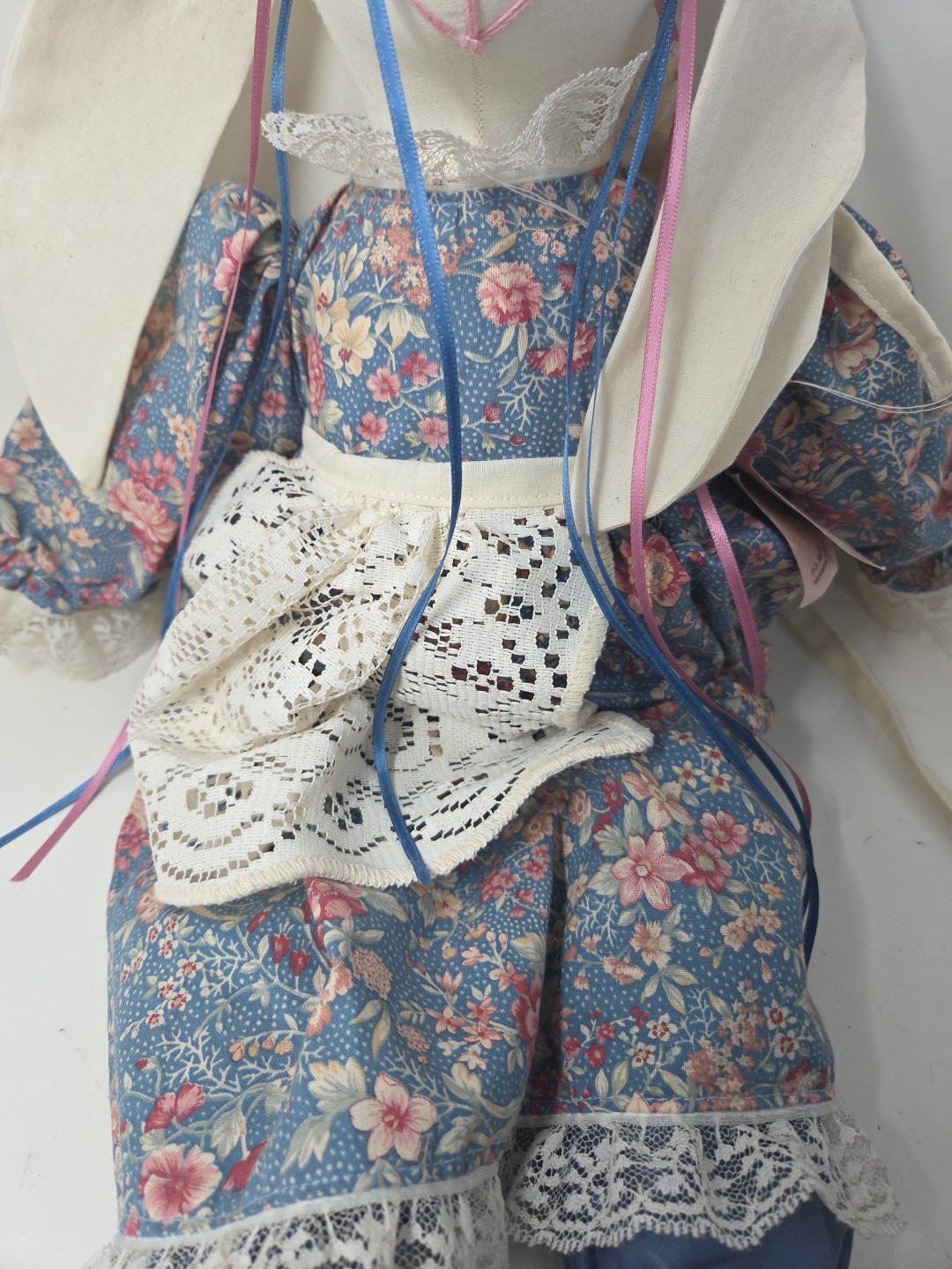 Vintage Handmade 19” Easter Bunny Rabbit Doll Flowers Floral Lace Dress & Apron