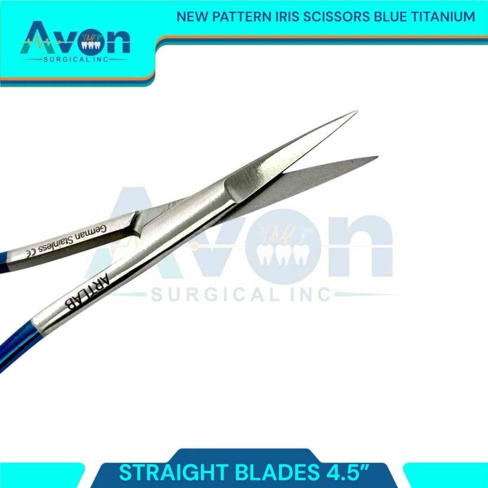 New Pattern Straight Blades Iris Scissors 4.5" Titanium Coated Rings - Blue -1pc