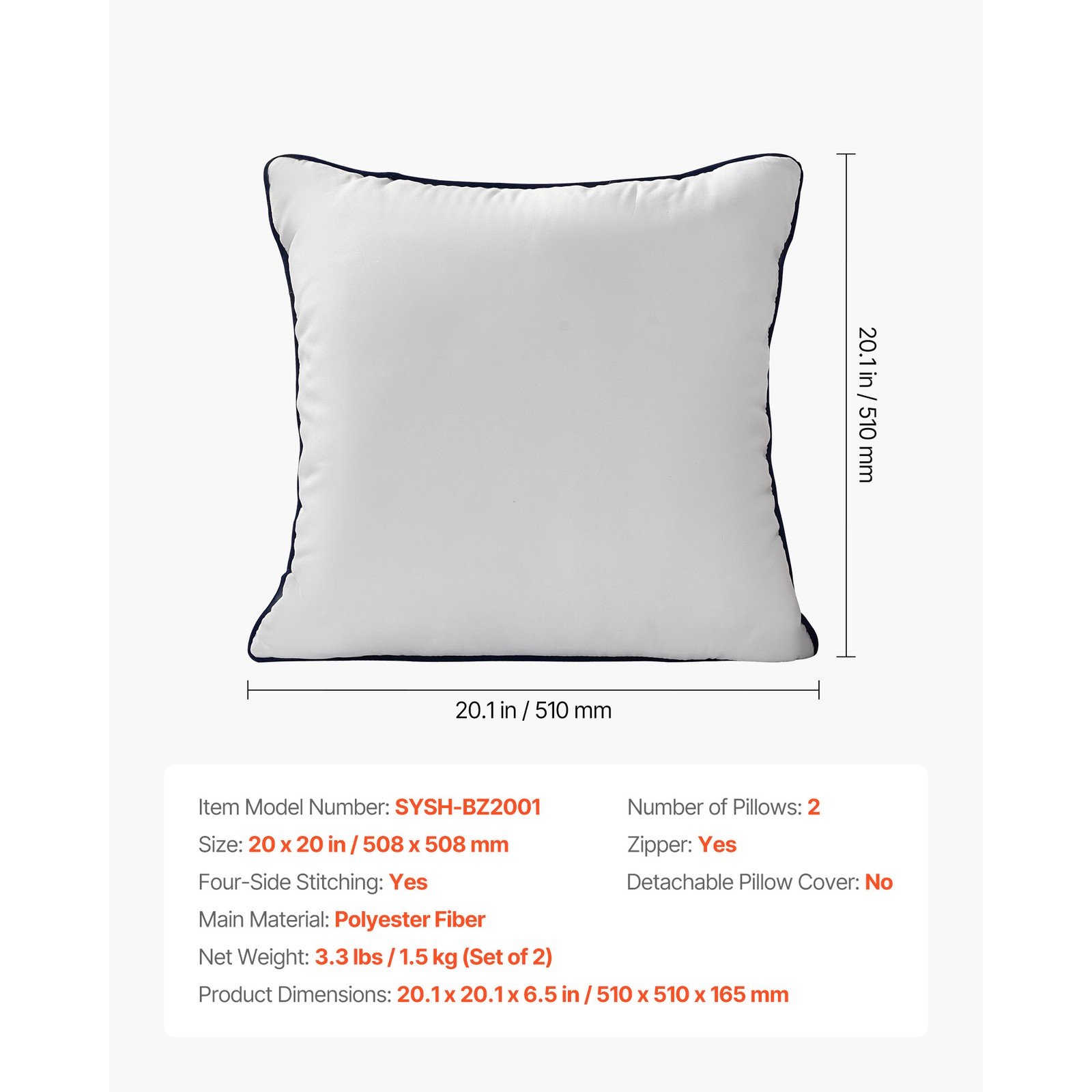 20 x 20 in Throw Pillow Inserts Pack of 2 White Down Alternative Pillows Square