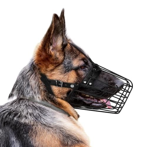 Adjustable Metal Basket Muzzle for Medium Large Dogs - Durable Leather Straps, S