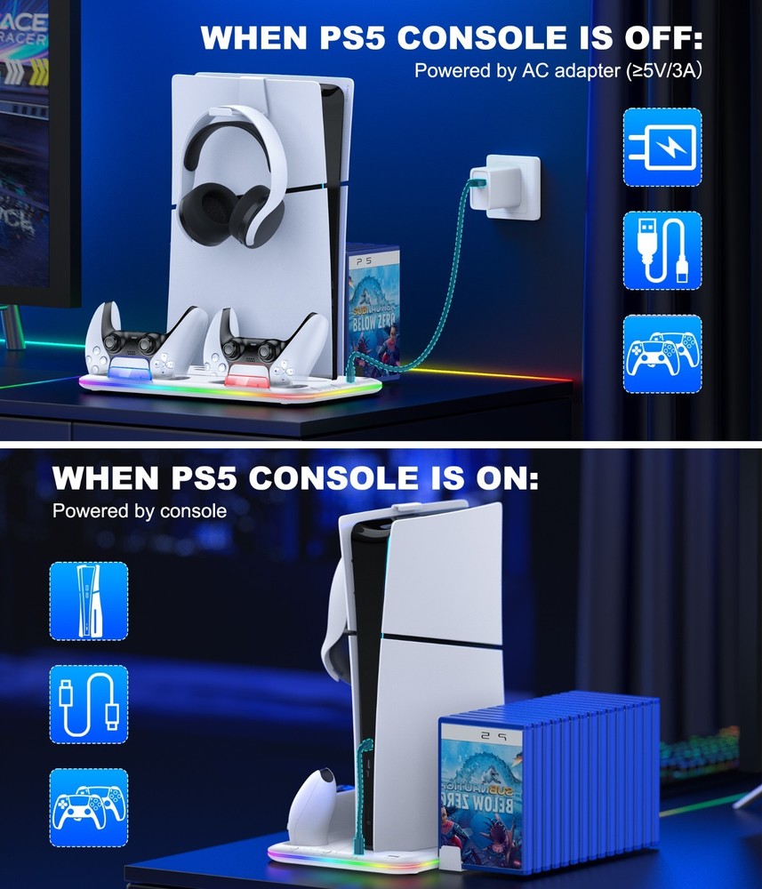 PS5 Stand Cooling Station Controller Charging Station for PS5 Slim/Disc/Digital