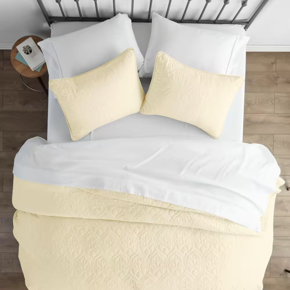 Damask Yellow Microfiber Queen Performance Quilted Coverlet Set