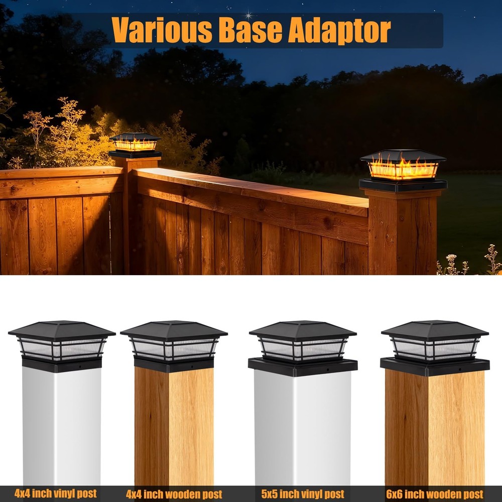 Sparluvix Flame Solar Post Cap Lights, 4 Pack, Black-Flickering