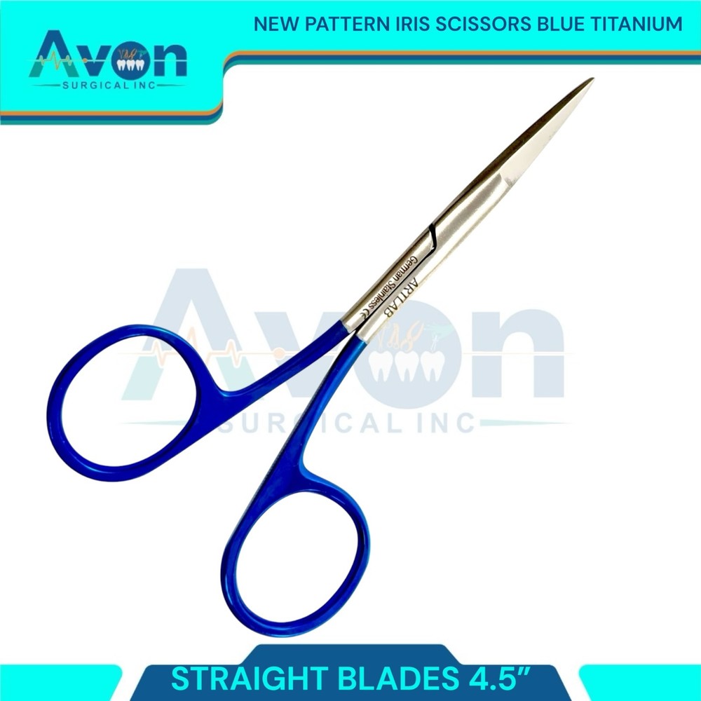New Pattern Straight Blades Iris Scissors 4.5" Titanium Coated Rings - Blue -1pc