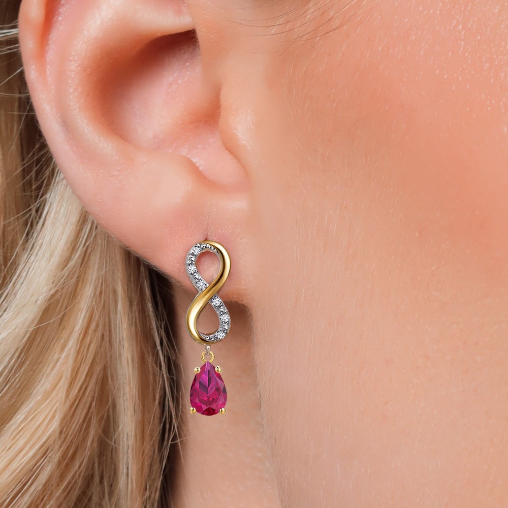 925 Silver and 10K Yellow Gold Created Ruby and Lab Grown Diamond Dangle