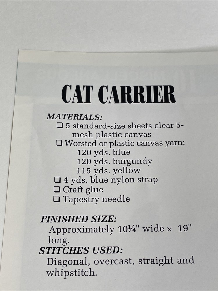 Annie's Attic Cat Carrier Plastic Canvas Pattern Page