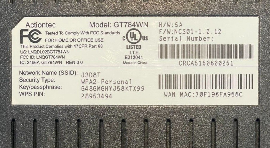 Actiontec GT784WN Wireless DSL Modem Router