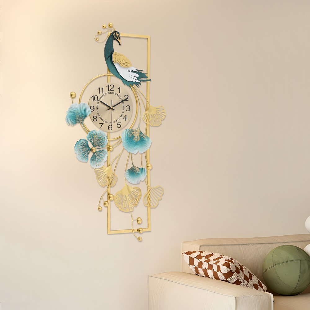 Peacock & Ginkgo Leaves Wall Clock, Modern Wall Clock
