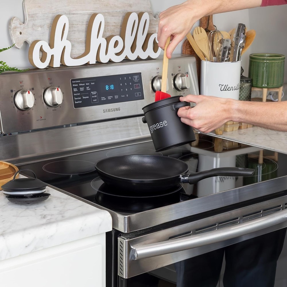 Practical Black Enamel Grease Container w/Strainer - Essential Kitchen Accessory