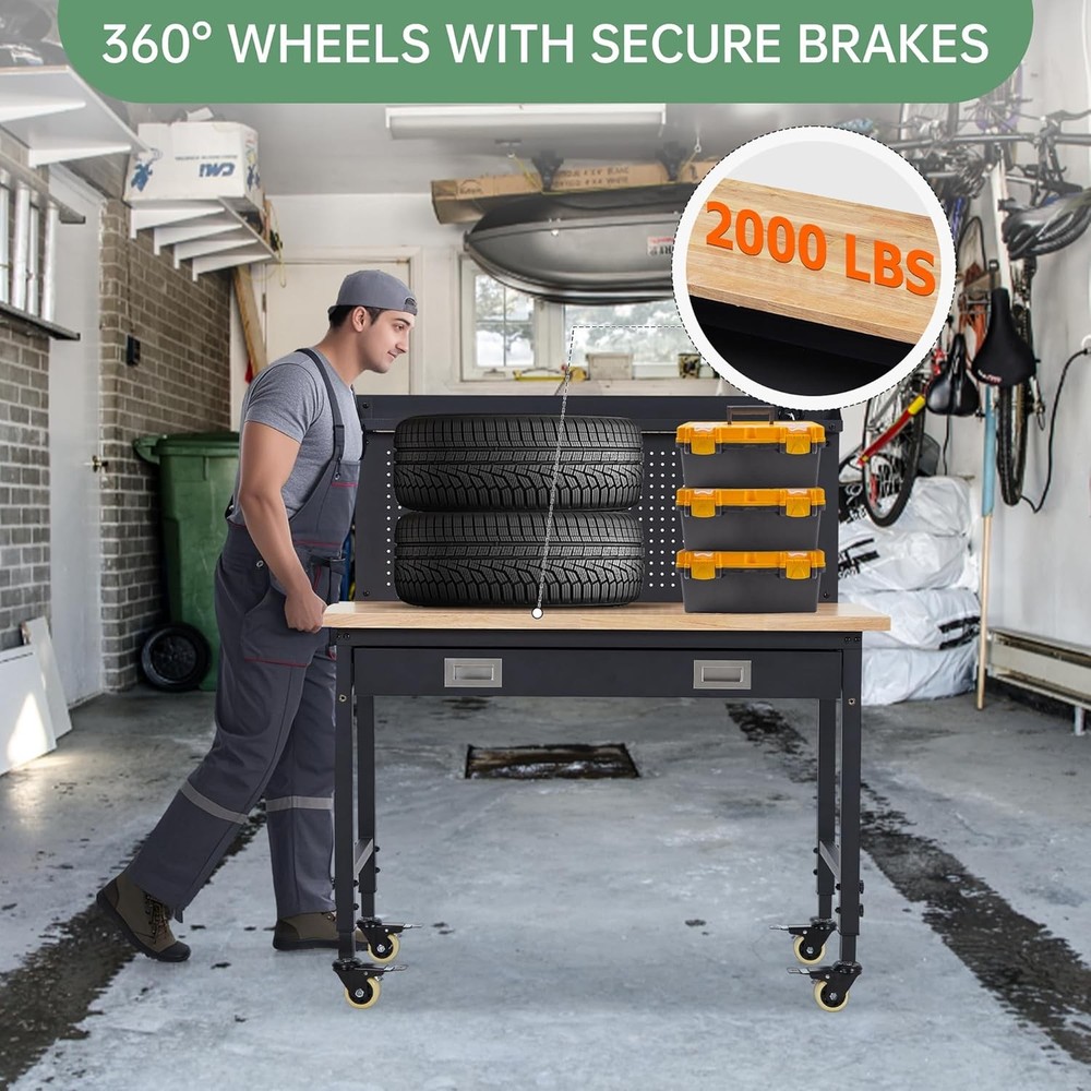 48"Garage Workbench|Pegboard,Drawers,Power Outlet|Tool Bench&Wheels for Workshop