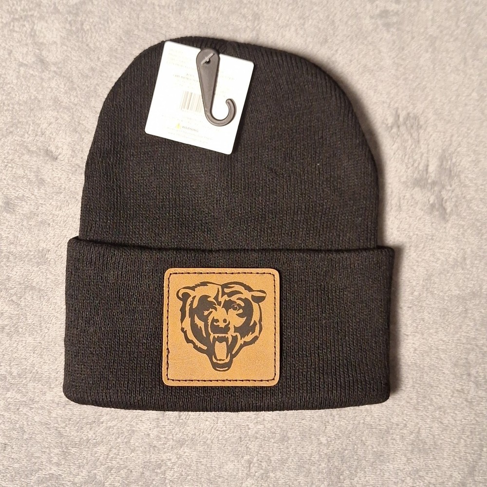 Chicago Bears Leather Square Patch Black Beanie Cap NFL