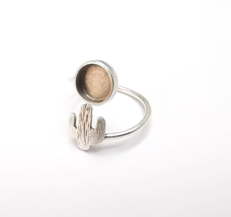 Cactus Ring Blank Setting Base Cabochon Bezel Silver Plated Brass 8mm G33054