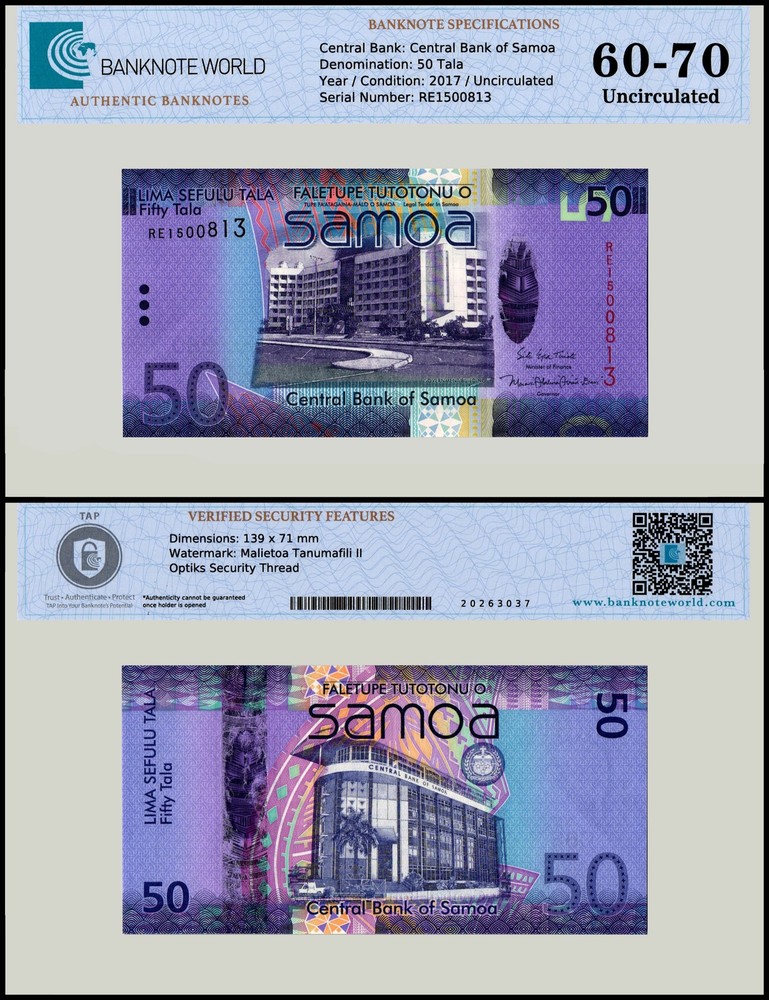 Samoa 50 Tala, 2017 ND, P-41c, UNC, Authenticated Banknote
