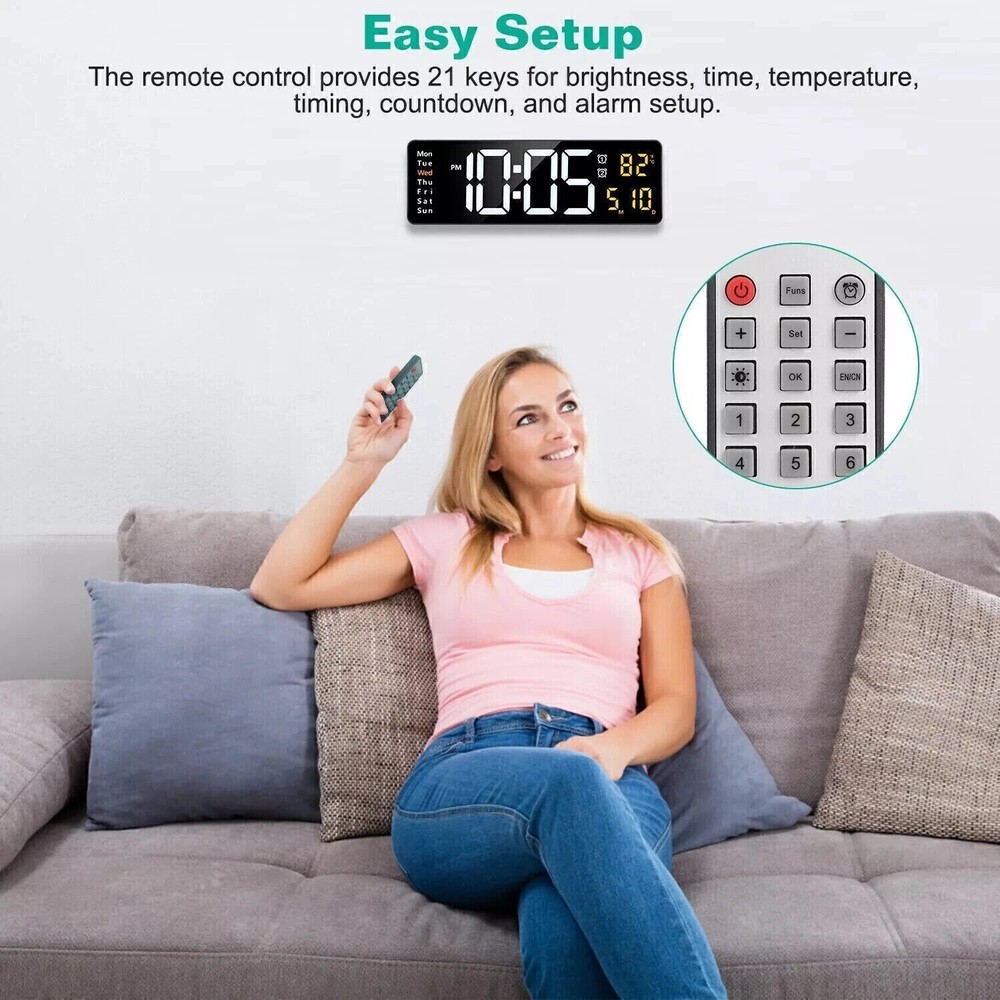 16" Digital LED Desk Alarm Clock Large LCD Display Wall Clock Remote Date Timer~