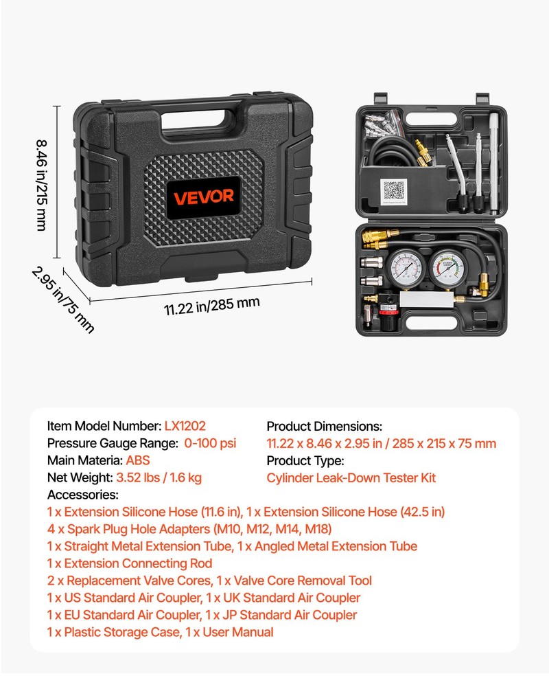 VEVOR Engine Cylinder Compression Tester Kit 0-100 PSI Leakage Detector Tool Kit