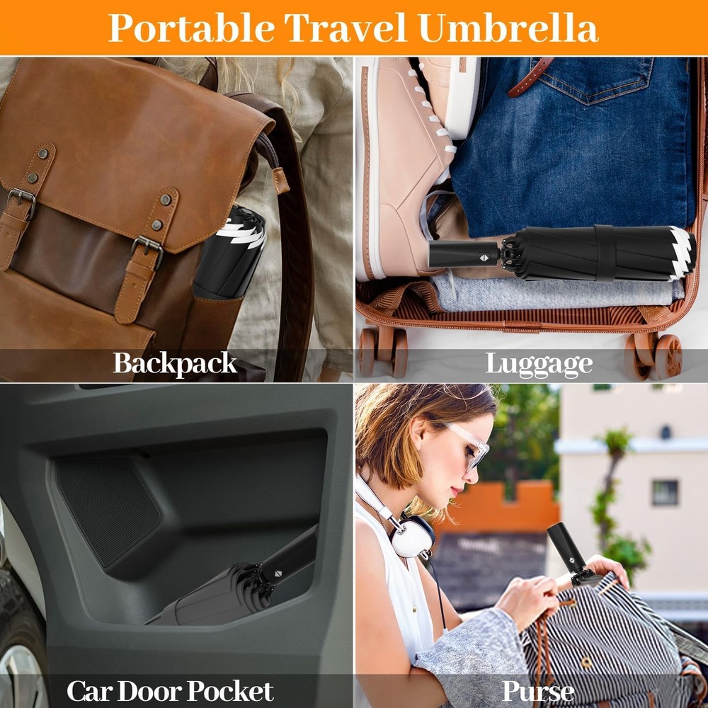 Inverted Automatic Travel Umbrella with Reflective Strip, Windproof & Compact...
