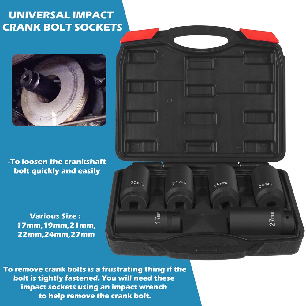 6 Pack Crank Bolt Socket Set 17/19/21/22/24/27mm Harmonic Balancer Impact Socket