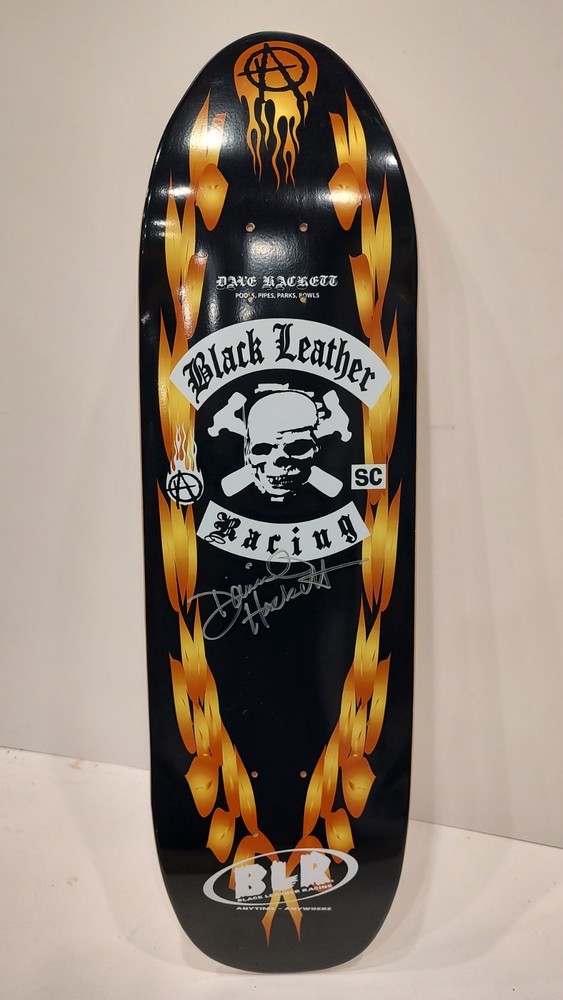 David Hackett Black leather racing signed skateboard