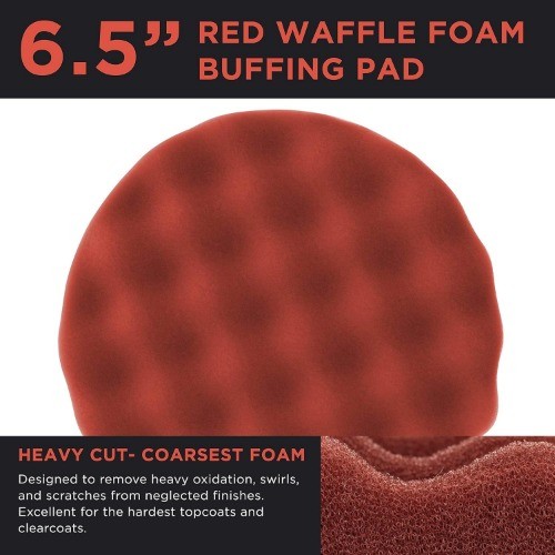 6.5" Red Waffle Foam Buffing Pad Hook and Loop Backing - Heavy Cut Pad for Polis