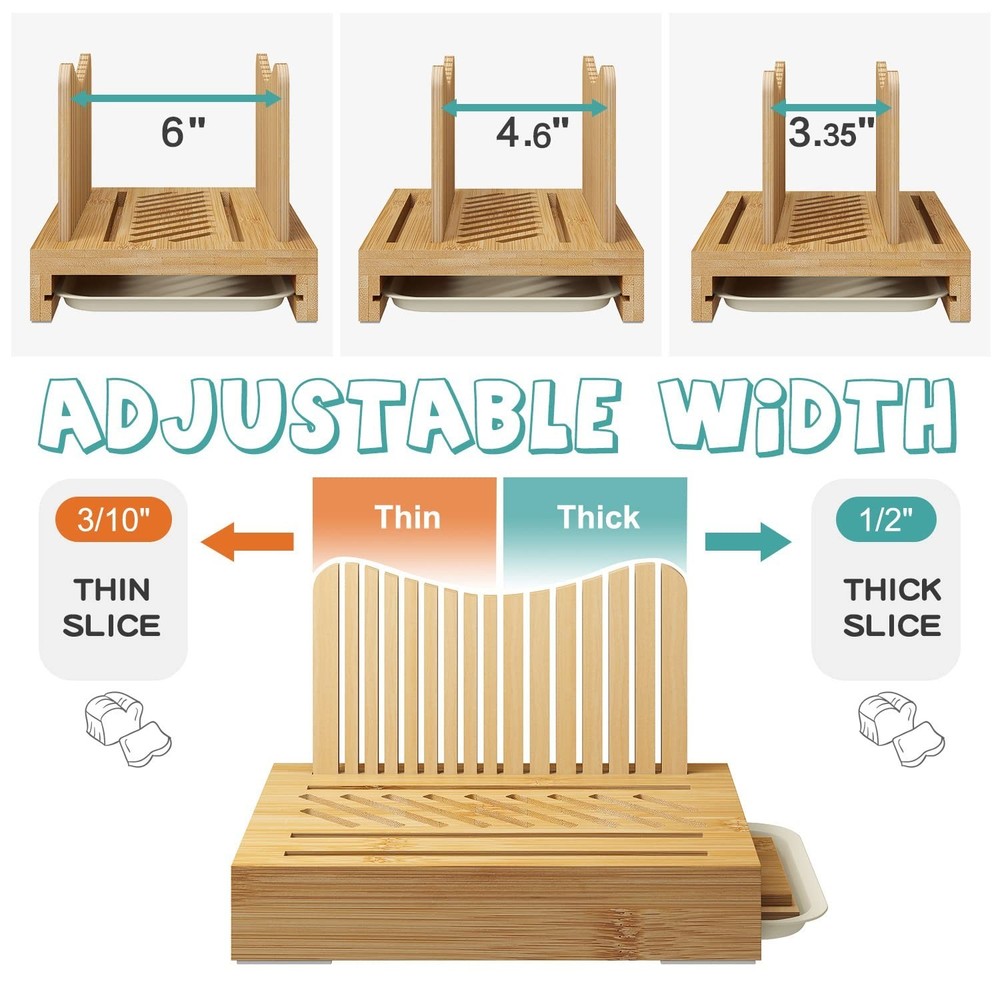 Bamboo Bread Slicer - Adjustable Width Guides. Sturdy Wooden Cutting Board. E...