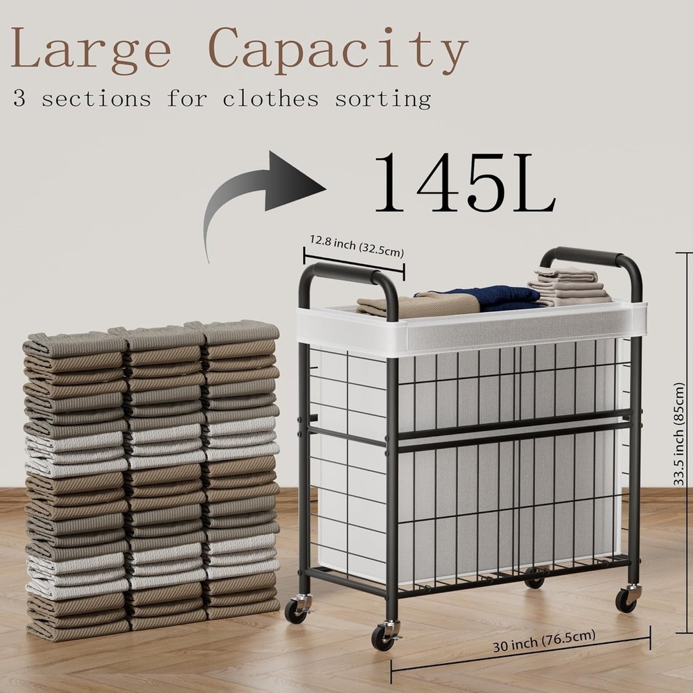 Laundry Hamper 3 Section 145L Rolling Laundry Sorter Basket W/ Wheels