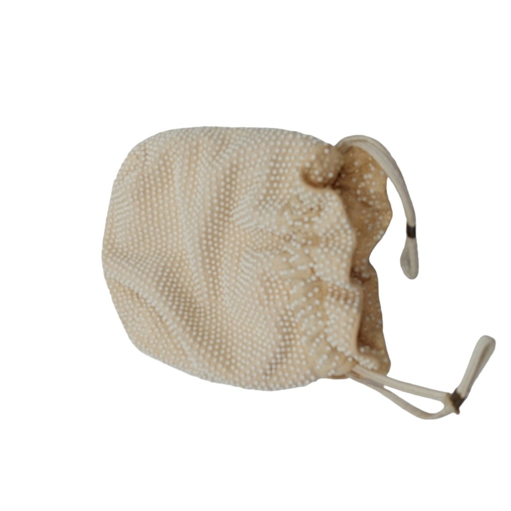Beaded Purse With Pull String Closure Cream Colored Reversible