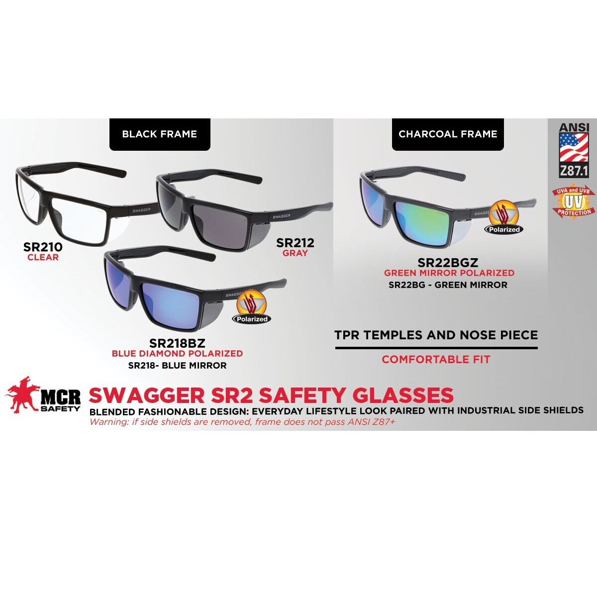 MCR SWAGGER SR2 SAFETY GLASSES SUNGLASSES WITH DETACHABLE SIDE SHIELDS 1/PAIR