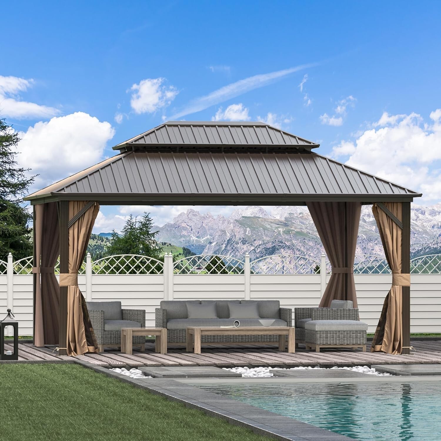 Domi 12’ x 16’ Hardtop Gazebo Outdoor Aluminum Gazebo w/Netting & Curtains,Brown