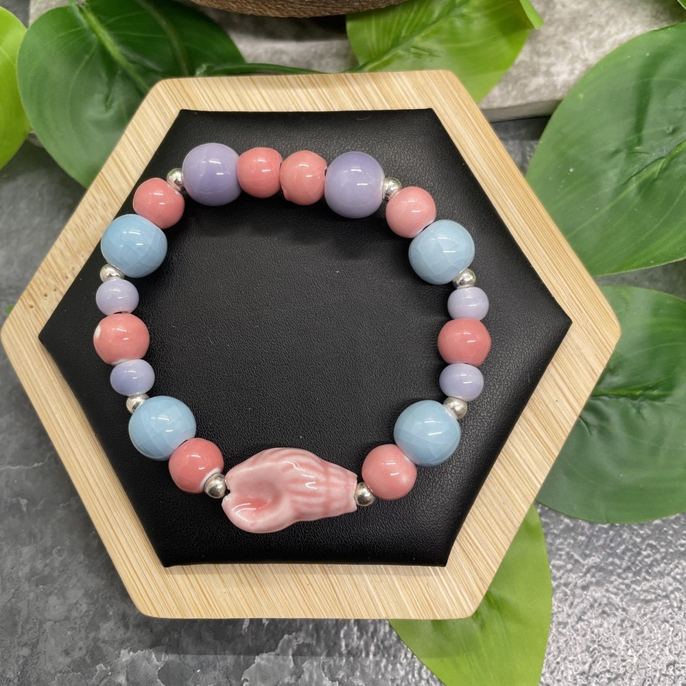 Handmade Ceramic Bead Beaded Stackable 6.5” Plus Stretch Bracelet New B36